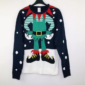 Holiday Classics Men's Small Ugly Christmas Sweater Elf Theme Blue Green NWT